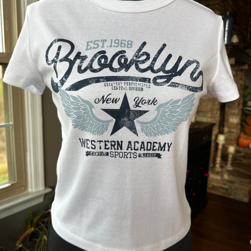 White Brooklyn Graphic Baby Tee - Size M